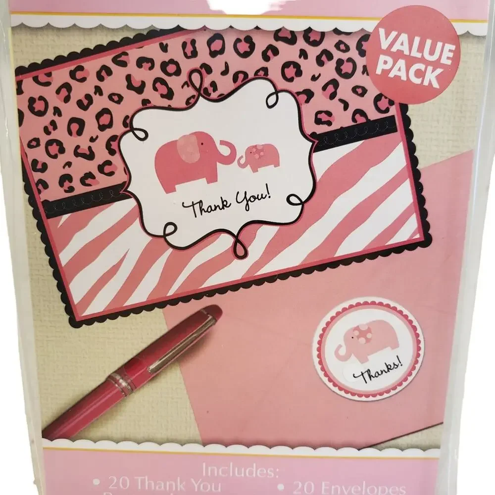 Baby Girl Pink Elephant Leopard Print Thank You Cards Baby Shower with Stickers
